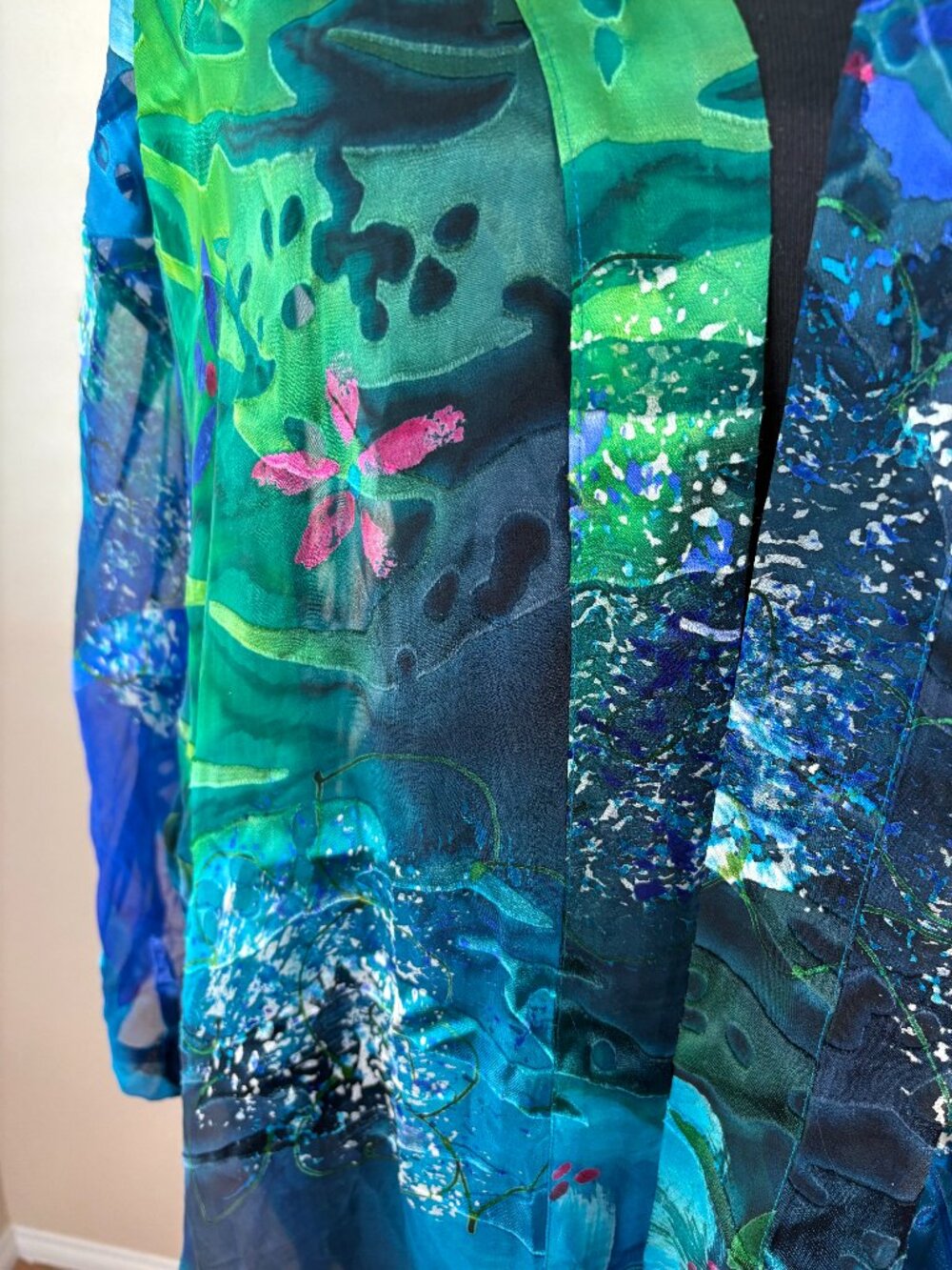 Silk Blend Kimono Top Blue Green Sheer Resort Vacation Cover Up OS - Picture 3 of 6